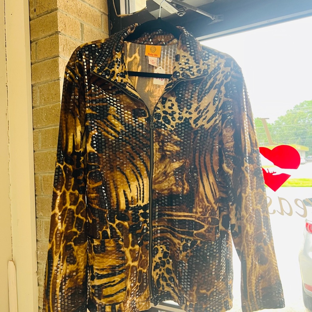 Ruby Rd. Black and Gold Animal Print Jacket